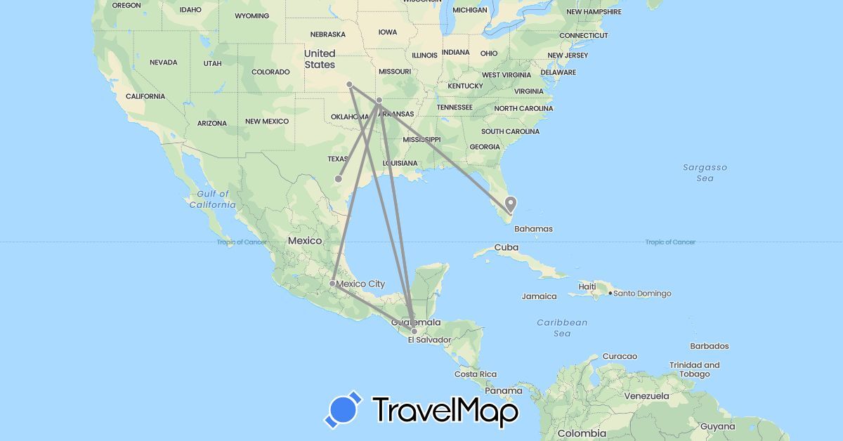TravelMap itinerary: driving, plane in Guatemala, Mexico, United States (North America)
